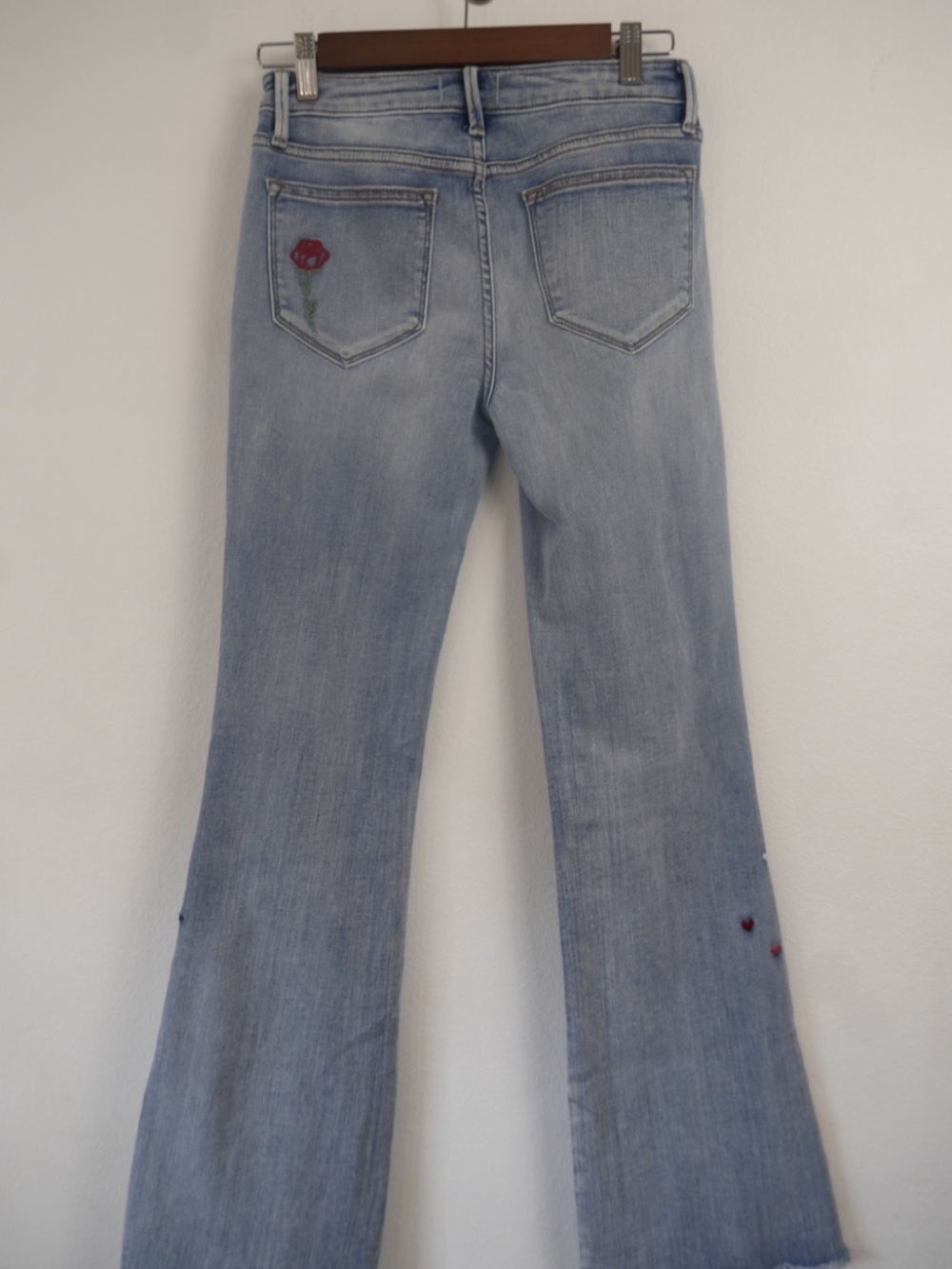 DRIFTWOOD Light Blue Flare Jeans with Red & Green Embroidered Roses & Hearts - Picture 3 of 4